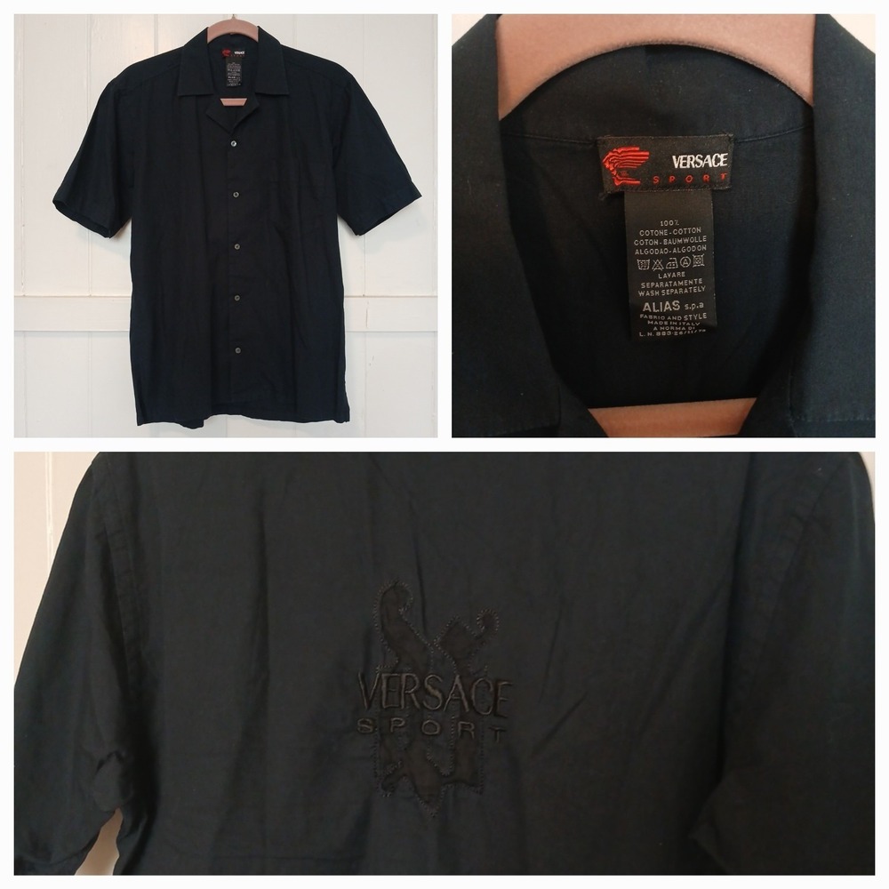 VTG Versace Sport Embroidered Logo Short Sleeve Button Shirt Mens S Black Cotton